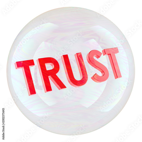 Trust inside transparent soap bubble. Fragile confidence, reputation risk and vulnerable belief, 3d rendering