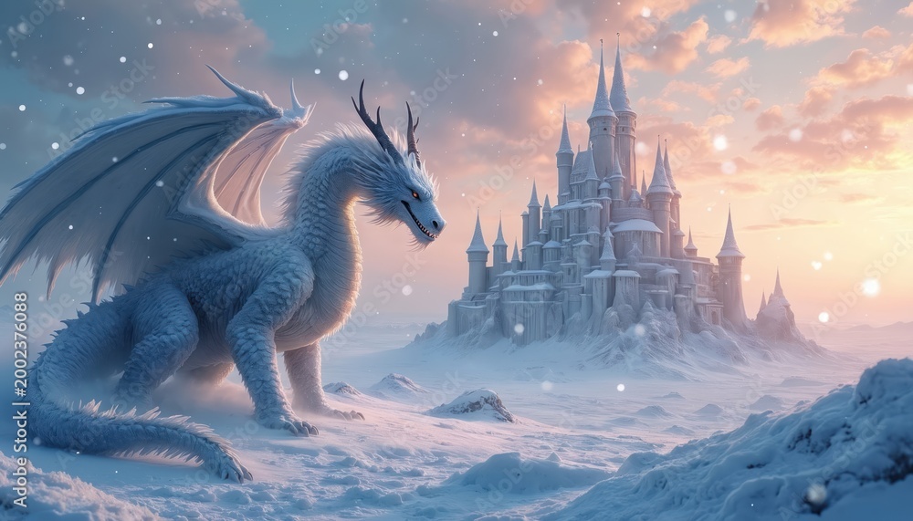 Obraz premium White dragon sits on snowy ground near ice castle. Snowflakes fall during twilight in winter landscape. Fantasy creature guards frozen fortress under soft sky.