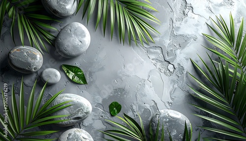 Smooth stones and green fronds arranged on textured gray surface