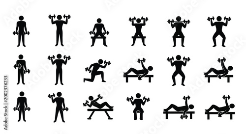 Collection of stick figures demonstrating various dumbbell weightlifting exercises for fitness and strength training