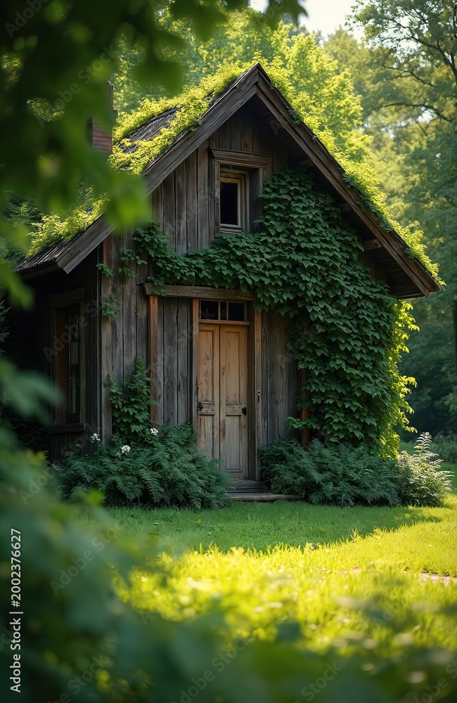 Obraz premium Old wooden house with green ivy climbing walls and roof. Rich green grass surrounds the rustic cabin in sunlight. Nature reclaims abandoned cottage, creating an eco-friendly scene.
