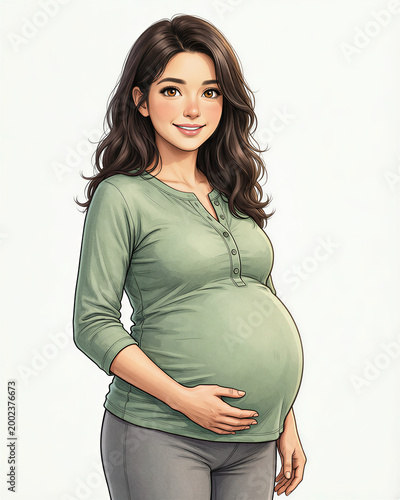 Gentle ivory-skinned pregnant woman with amber eyes and large belly in sage henley looking at viewer on white, warm hand-drawn anime style.