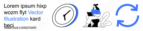 Time management, productivity tools, scheduling, remote work, deadline tracking, workflow optimization. Clock, person with laptop circular arrow. Time management and productivity tools visualization