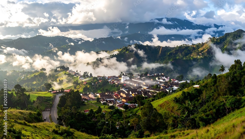 Fototapeta premium Misty mountain village view