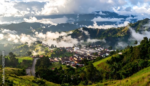 Misty mountain village view