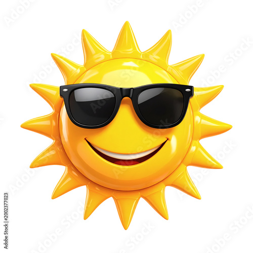 Vibrant 3d rendered illustration of a cheerful yellow sun character proudly sporting cool black sunglasses, smiling widely, radiating warmth and happiness 