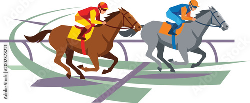 Jockeys race thoroughbred horses at high speed on a track to compete for the championship title in this dynamic sporting event illustration.