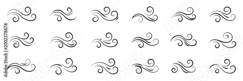 Dynamic Set of Wind and Air Flow Movement Icons on Isolated White Background