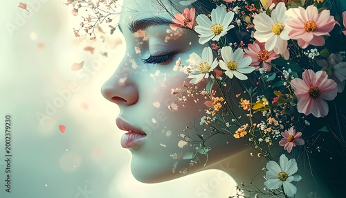 Ethereal profile of a woman with flowers intertwined in her hair, softly lit against a blurred, dreamy background