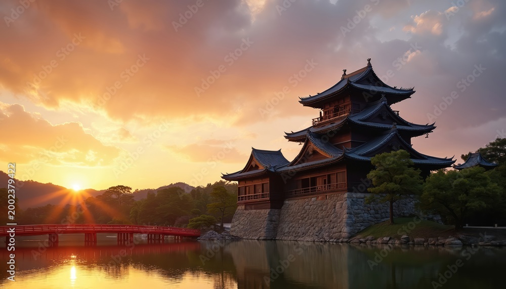 Obraz premium Japanese castle with red bridge at sunset over water. Traditional architecture, historic landmark, serene landscape, dramatic sky, peaceful scene.