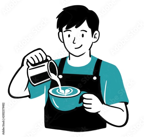 Fotografie Minimalist illustration of male barista pouring milk into coffee cup with latte