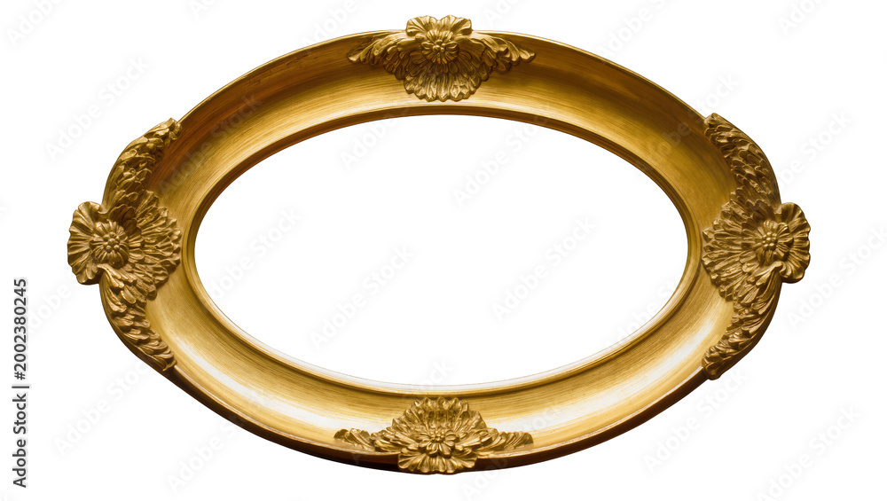 Αυτοκόλλητο Isolated elegant classic golden oval picture frame with ornate carved floral dec