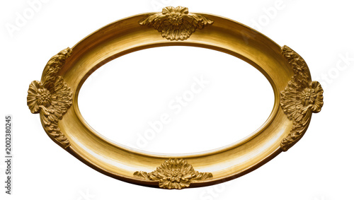 Obraz na plátně Isolated elegant classic golden oval picture frame with ornate carved floral dec