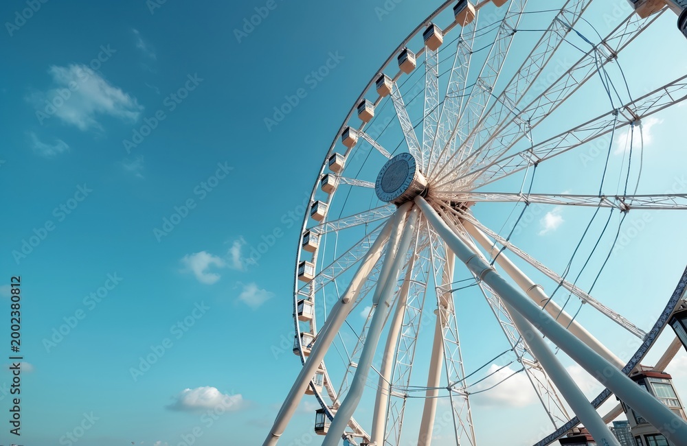 Obraz premium Giant white ferris wheel rotates against bright blue sky with light clouds. Amusement park attraction offers scenic city views. Ride offers fun vacation experience.