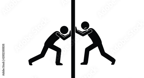 Two stick figures pushing against an immovable object symbolizing struggle and opposing forces