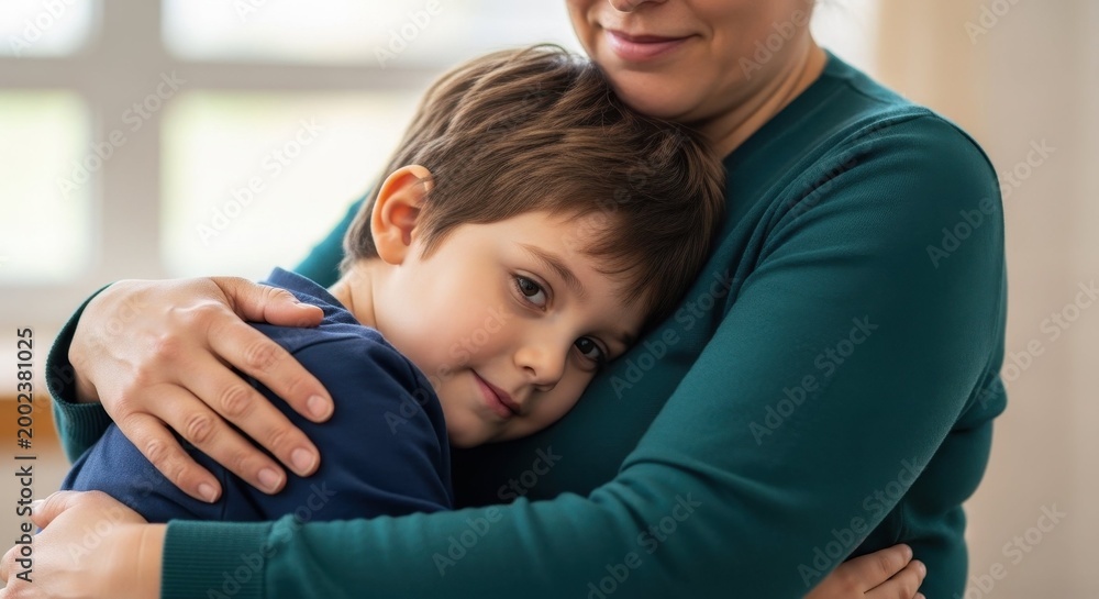 Fototapeta premium Loving mother embracing her son in a warm indoor setting