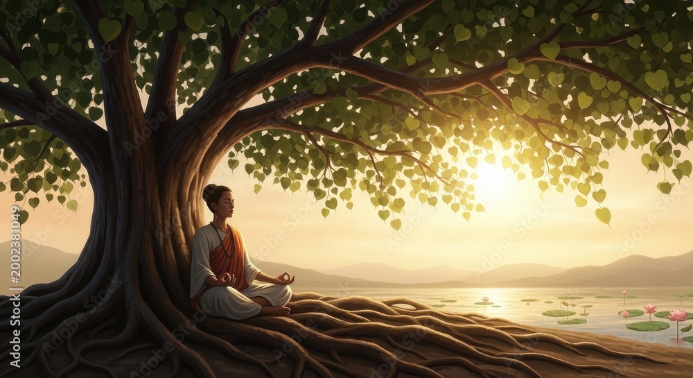 Fototapeta premium Person meditating peacefully under a large tree at sunset