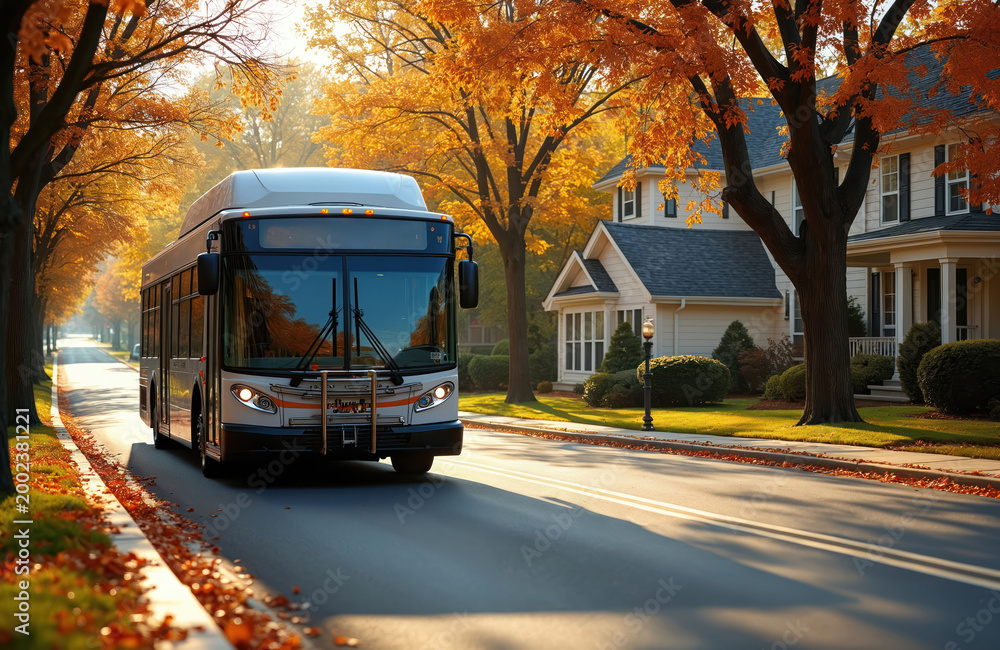 Obraz premium Public bus drives down suburban street lined with autumn trees. Soft sunlit road passes neat houses with fall foliage. Commute in a peaceful neighborhood.