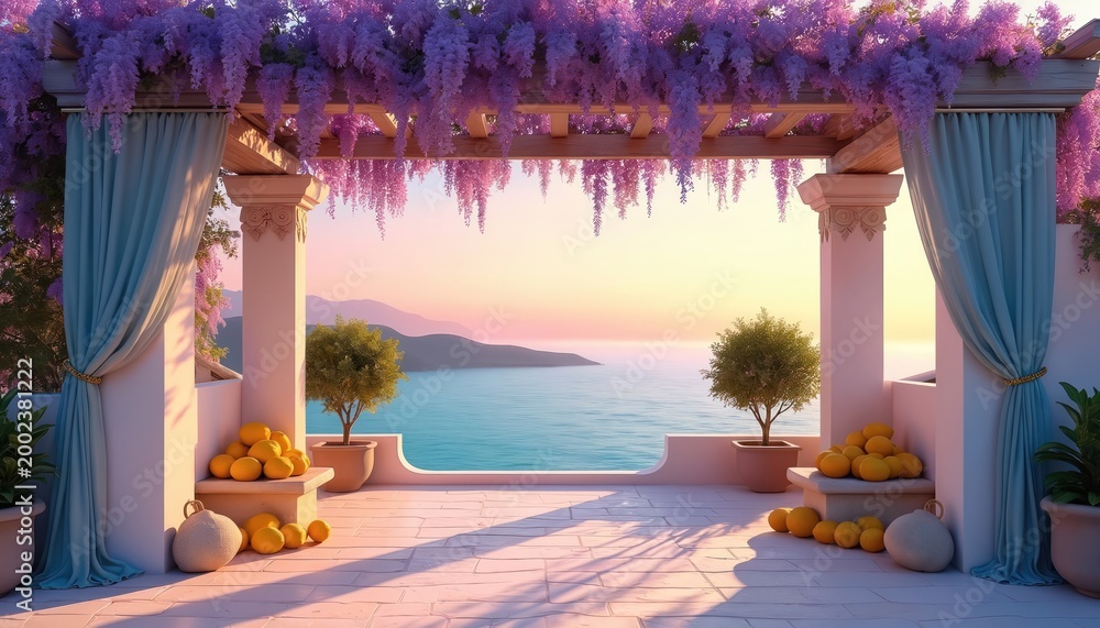 Naklejka premium Mediterranean terrace pergola with blooming wisteria vines. Orange citrus fruits in pots sit near turquoise sea at sunset. Relaxing coastal view.