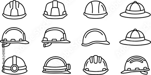 construction safety helmet icon set with different hardhat styles on transparent background