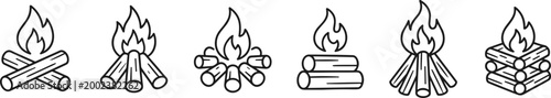 campfire icon set with burning wood logs in outline style on transparent background