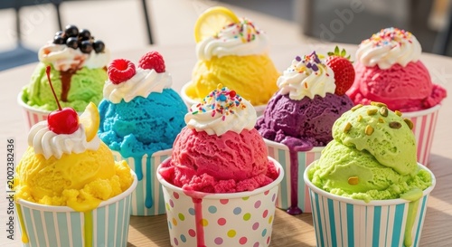 Colorful ice cream sundaes with toppings in paper cups on table colorful ice cream ice cream sundaes