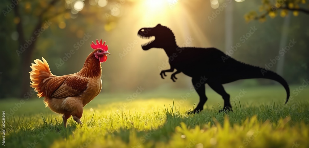 Fototapeta premium Funny chicken sees its giant dinosaur shadow on grassy field at sunset. Bird looks surprised by prehistoric creature threat. Comedy, absurdity, imagination theme.