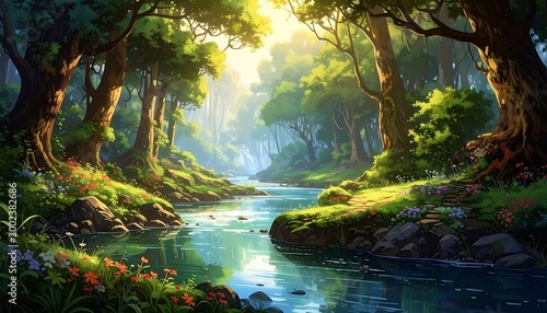 Lush forest landscape featuring a clear stream winding between mossy banks beneath dappled sunlight