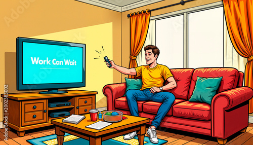 A relaxed young man, unwilling to work, sits on the couch and watches a TV with the sign 