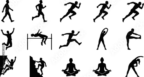 running athlete silhouette set with fitness exercise and movement poses on transparent background