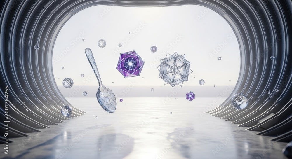 Fototapeta premium Futuristic AI Gastronomy Concept with Floating Gemstone Spoon Sculpture in Minimalist Architectural Void