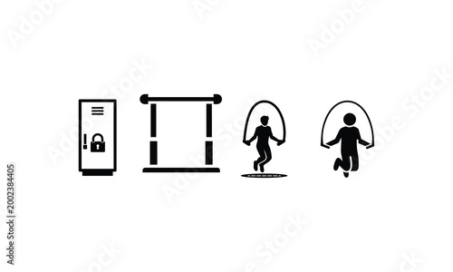 Set of gym featuring a locker with a padlock a pull up bar and people jumping rope isolated on white background for fitness and workout and