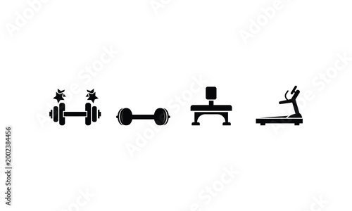 Fitness gym set featuring dumbbells with stars a single dumbbell a weight lifting bench and a treadmill machine isolated on white background for workout and health