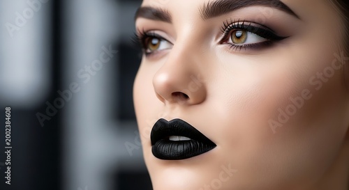 Woman with bold black lipstick makeup.