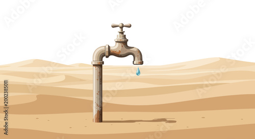 Dripping Faucet in Desert Landscape - Water Scarcity Concept