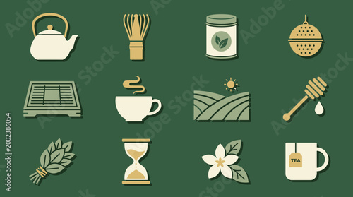 Minimalist icon set showcasing various elements related to tea preparation and consumption
