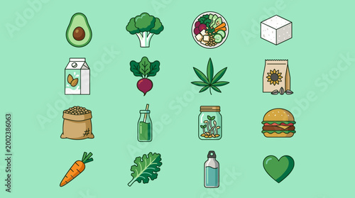 Vibrant Vegan and Plant-Based Food Icons on a Fresh Green Background