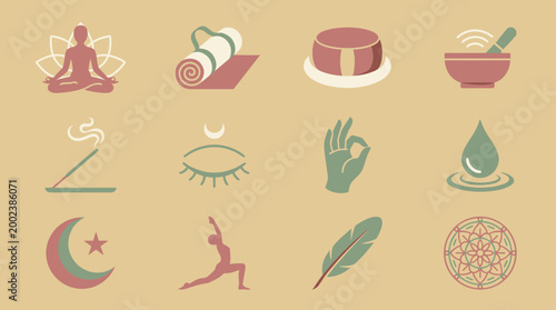 Holistic well-being and meditation symbols set for tranquility and mindful living design