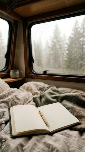 Open blank notebook and pen on bed in camper van