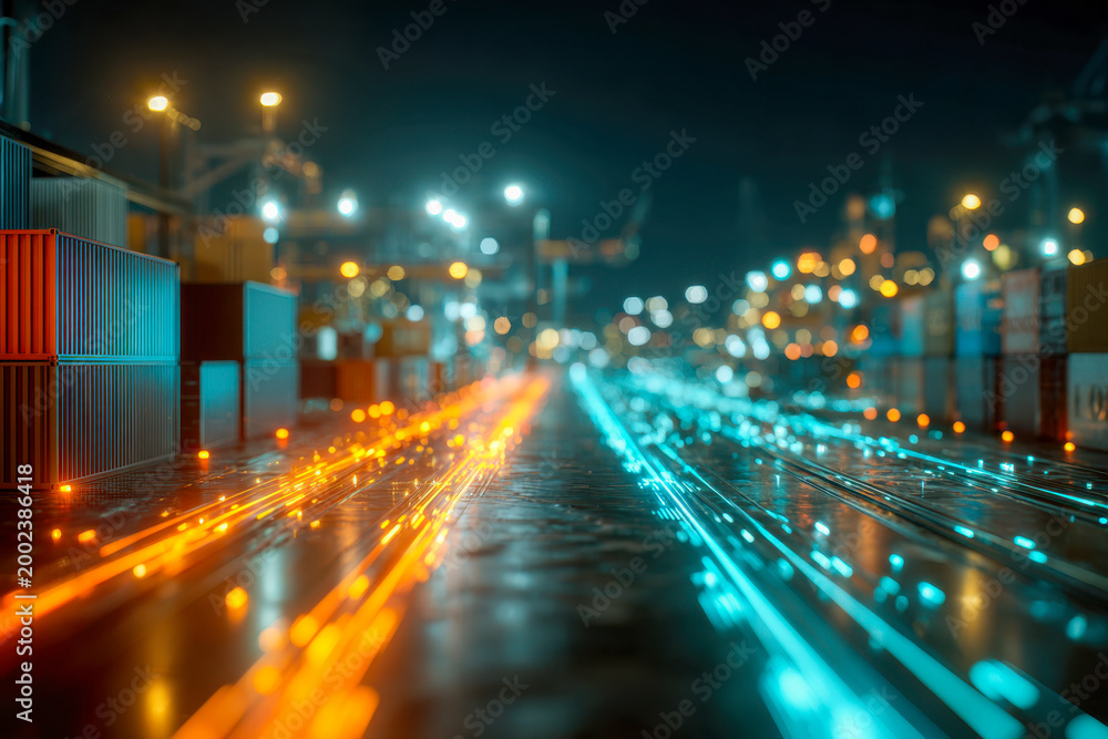 Fototapeta premium Futuristic digital pathway with glowing orange and blue light trails running through an industrial shipping container yard at night with blurred background lights