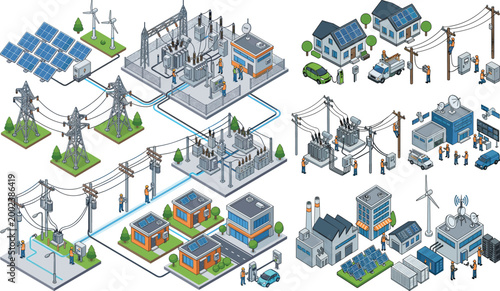 Isometric Smart Grid Ecosystem with Solar, Wind, Substations, and Electric Vehicles