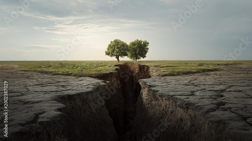 Two resilient green trees stand on a cliff, overlooking a deep crack in barren earth under a vast sky.