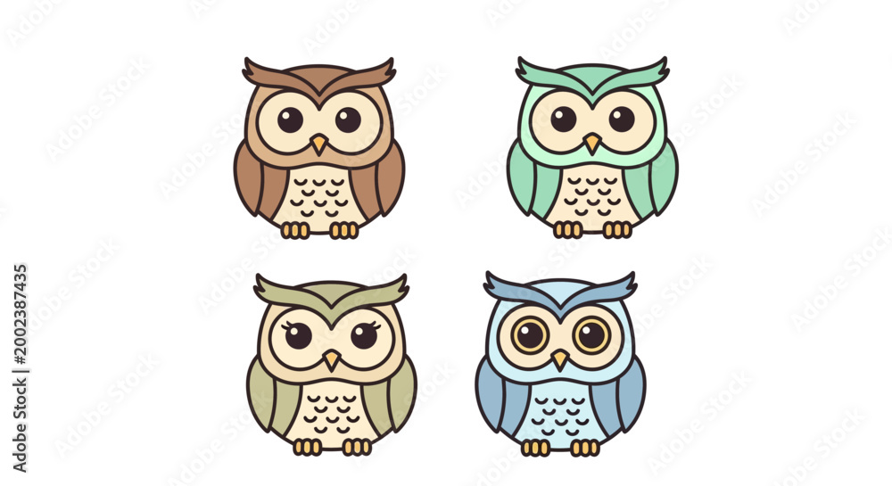 Fototapeta premium Colorful cartoon owl characters standing.
