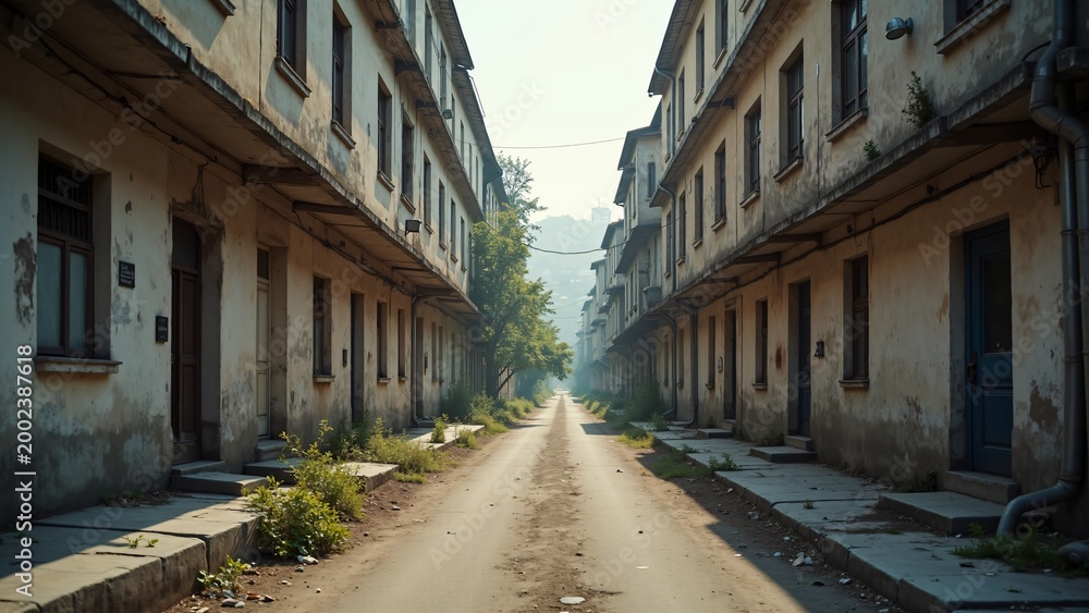 Obraz premium Abandoned urban street with old deteriorating buildings, atmospheric cinematic scene