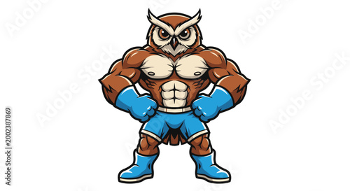 Muscular owl in blue shorts flexing.