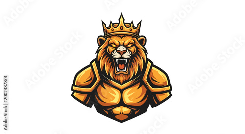 Muscular lion wearing armor crown.