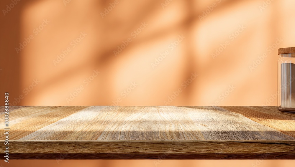 Fototapeta premium A sunlit wooden surface and wall create a warm, inviting minimalist scene with a glass jar.