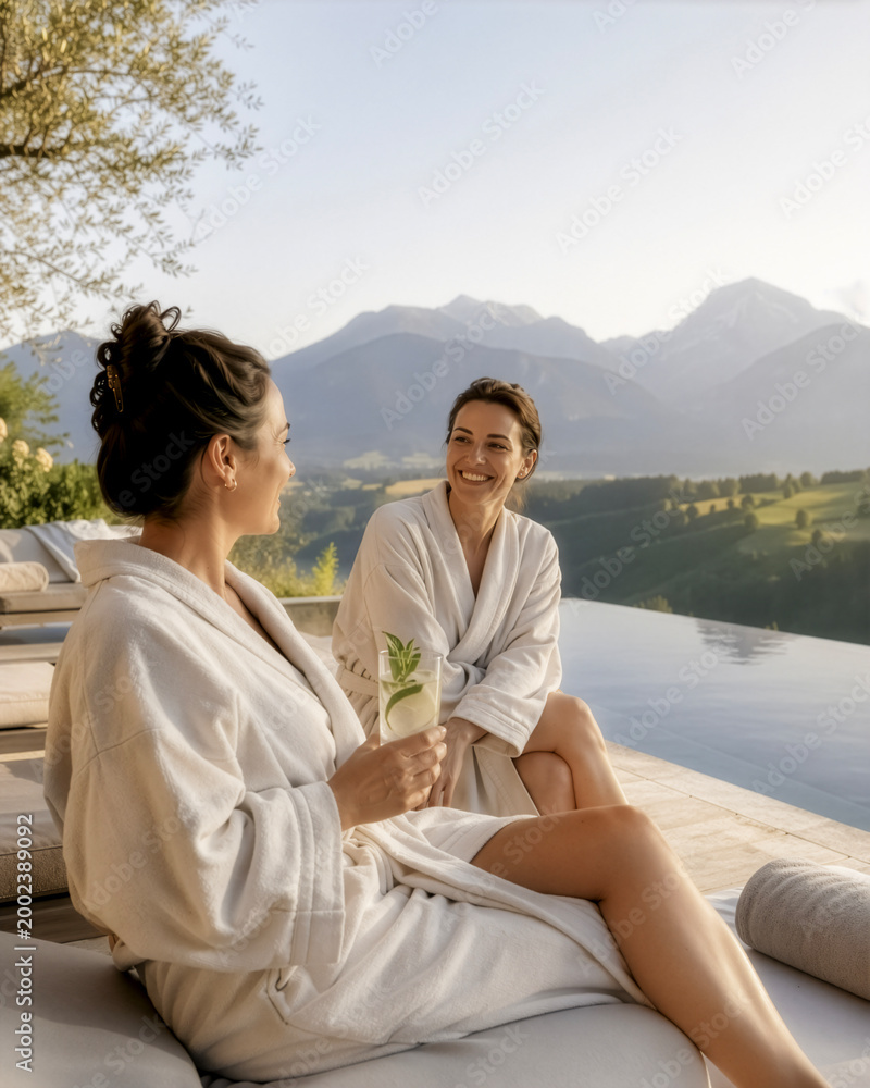 Fototapeta premium Two smiling women wearing white bathrobes relax on lounge chairs by an infinity pool overlooking a mountain range at a luxury wellness resort.