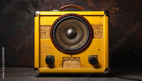 Vintage yellow speaker with leather handle and textured cone