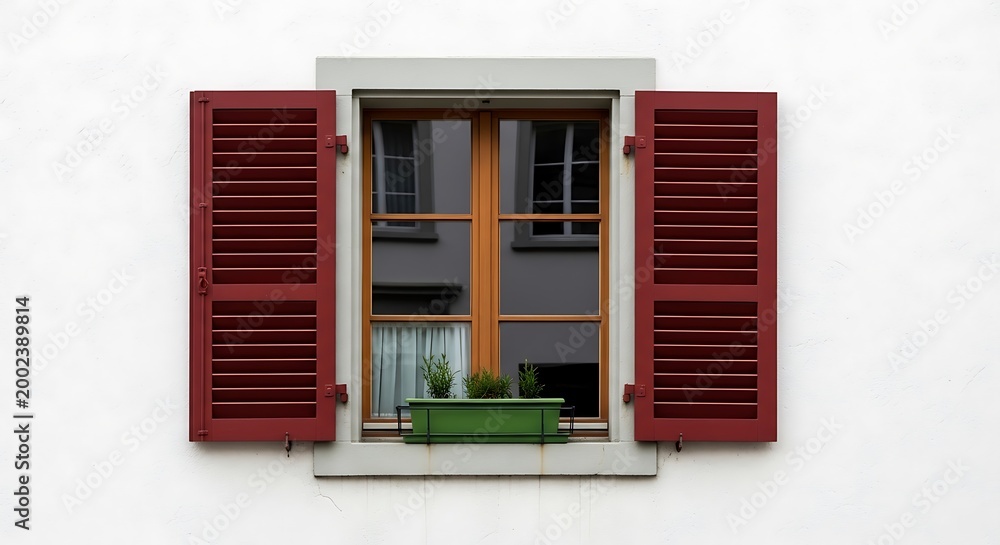 Obraz premium Window with red shutters against a white wall architectural detail
